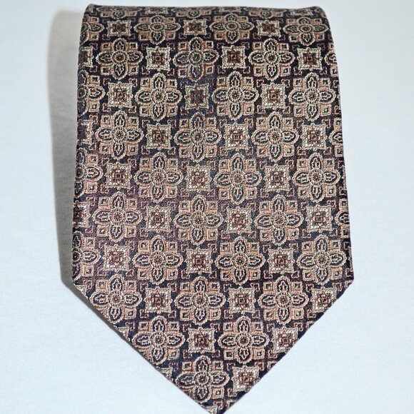 Burma Bibas Classic Silk Tie Brocade Brown Gold Metallic Geometric Preppy - Picture 1 of 3